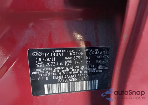 2012 Hyundai Elantra Limited (Ulsan Plant) z USA, uszkodzony, nr VIN KMHDH4AE6CU264151